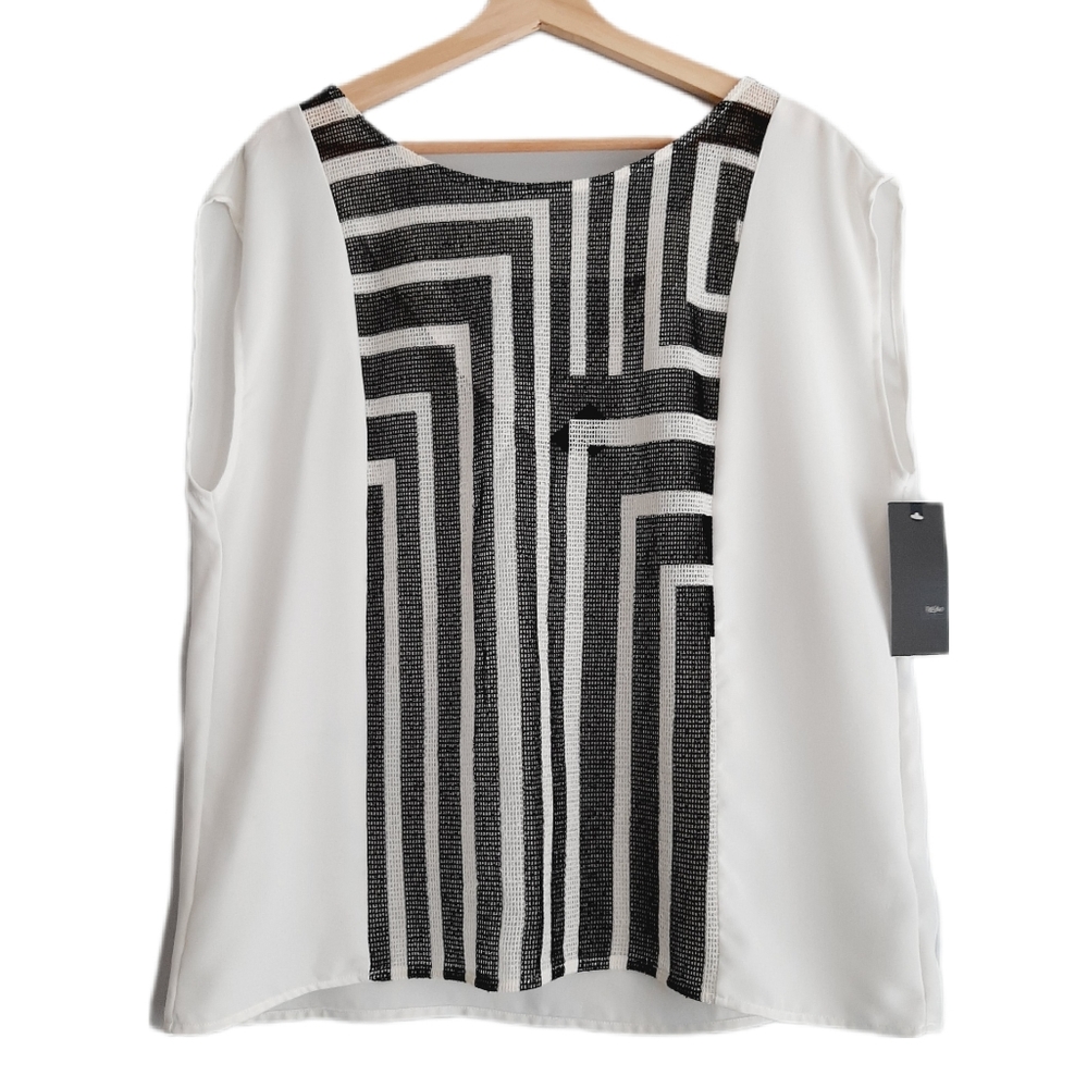 🍒 MOSSIMO Sleeveless Semi-Sheer Top Geo Woven Panel B&W PLUS Sz XL